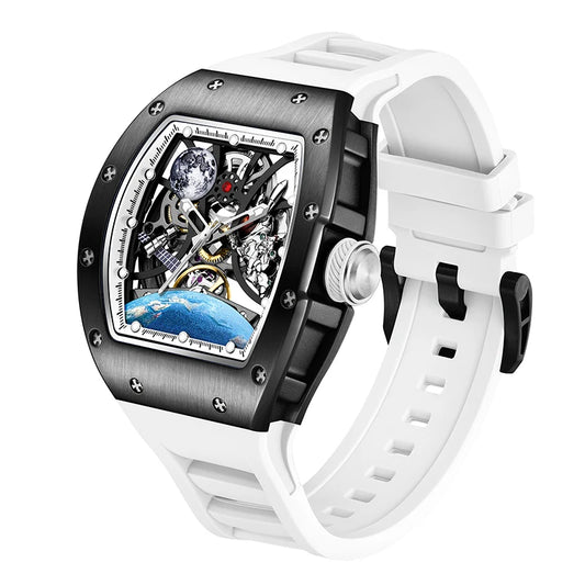 Men's Automatic Tonneau Mechanical Clock Earth Dial Waterproof Luxury Luminous Skeleton WristWatch