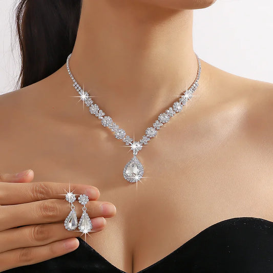 Elegant waterdrop rhinestone jewelry set featuring necklace and earrings, perfect for women on special occasions.