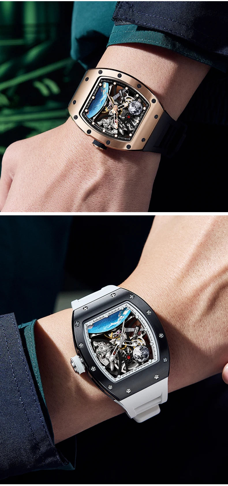 Men's Automatic Tonneau Mechanical Clock Earth Dial Waterproof Luxury Luminous Skeleton WristWatch