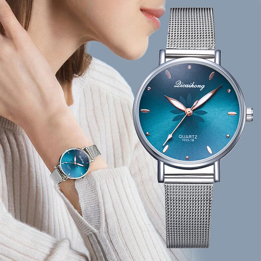Luxury Silver Popular Pink Dial Flowers Metal Ladies Bracelet Quartz Wrist Watch