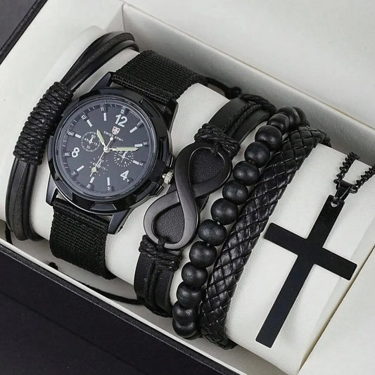 6pcs_Set Leather '8' Shape Beaded Bracelet With Mechanical Watch, Cross Pendant Necklace For Men