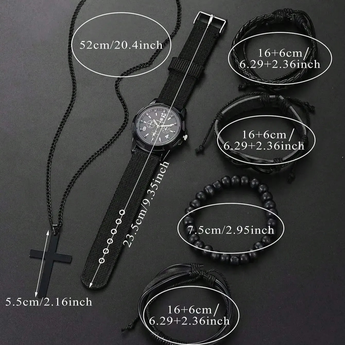 6pcs_Set Leather '8' Shape Beaded Bracelet With Mechanical Watch, Cross Pendant Necklace For Men