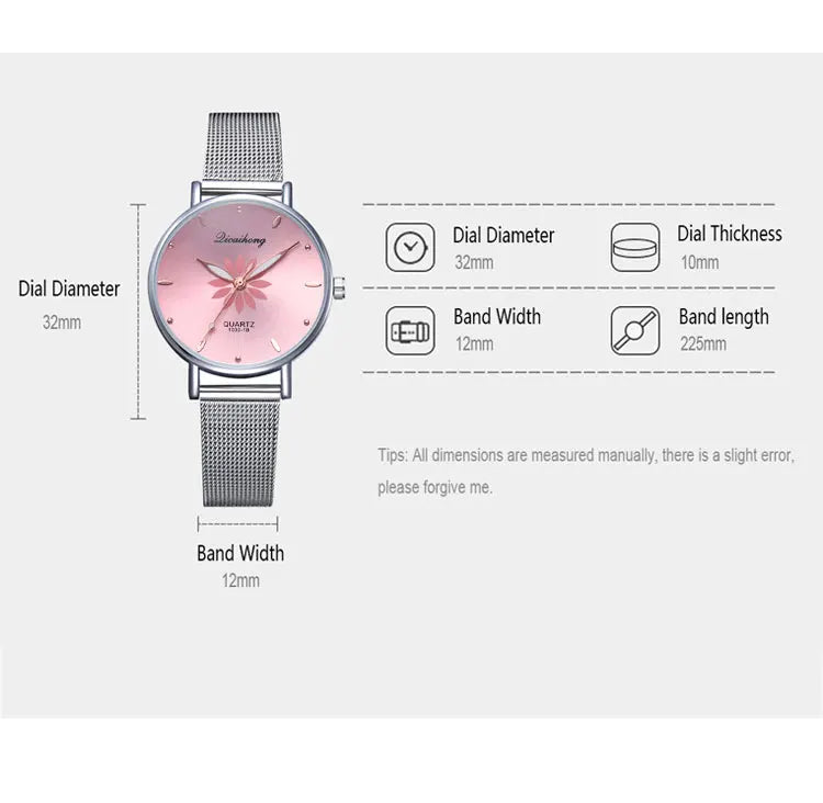 Luxury Silver Popular Pink Dial Flowers Metal Ladies Bracelet Quartz Wrist Watch