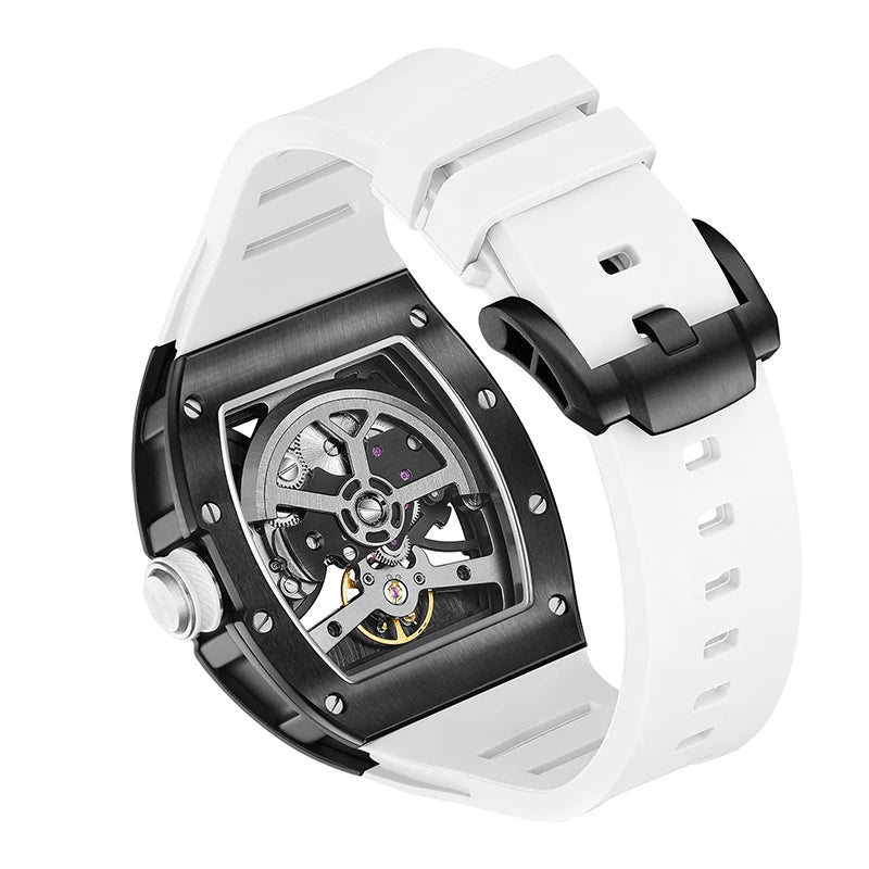 Men's Automatic Tonneau Mechanical Clock Earth Dial Waterproof Luxury Luminous Skeleton WristWatch