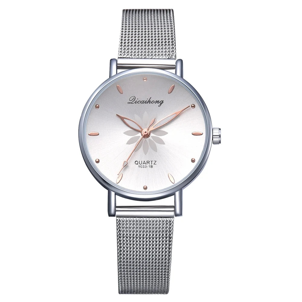 Luxury Silver Popular Pink Dial Flowers Metal Ladies Bracelet Quartz Wrist Watch