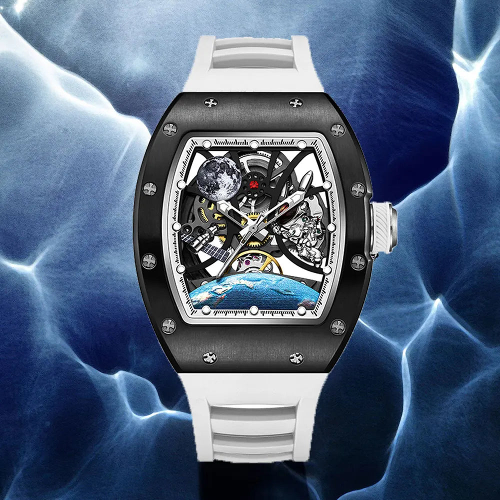 Men's Automatic Tonneau Mechanical Clock Earth Dial Waterproof Luxury Luminous Skeleton WristWatch