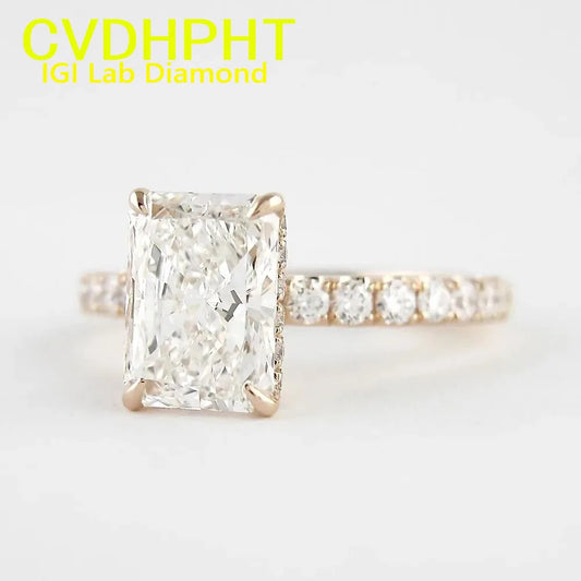 Radiant D Color 1 2 3Ct IGI Lab Grown Solid 18K Rose Gold Diamond Ring