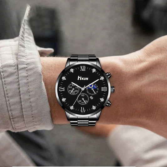 Black men's trendy watch, alloy strap, alloy bracelet, alloy necklace, alloy ring, men's gift set combination