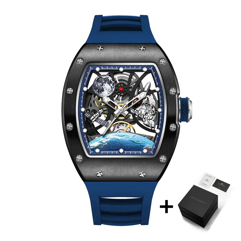 Men's Automatic Tonneau Mechanical Clock Earth Dial Waterproof Luxury Luminous Skeleton WristWatch