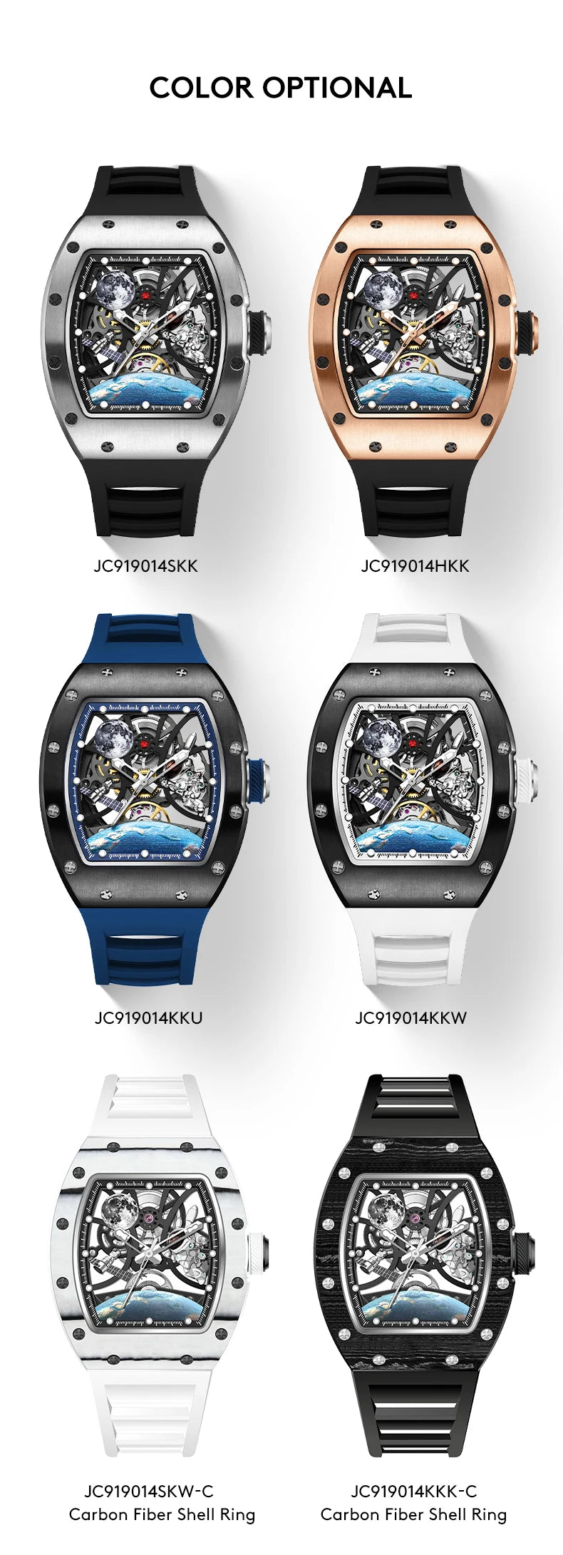 Men's Automatic Tonneau Mechanical Clock Earth Dial Waterproof Luxury Luminous Skeleton WristWatch