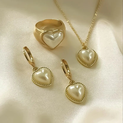 3 Pcs Round Pearl Jewelry Set Of Earring Pendant Necklace For Women