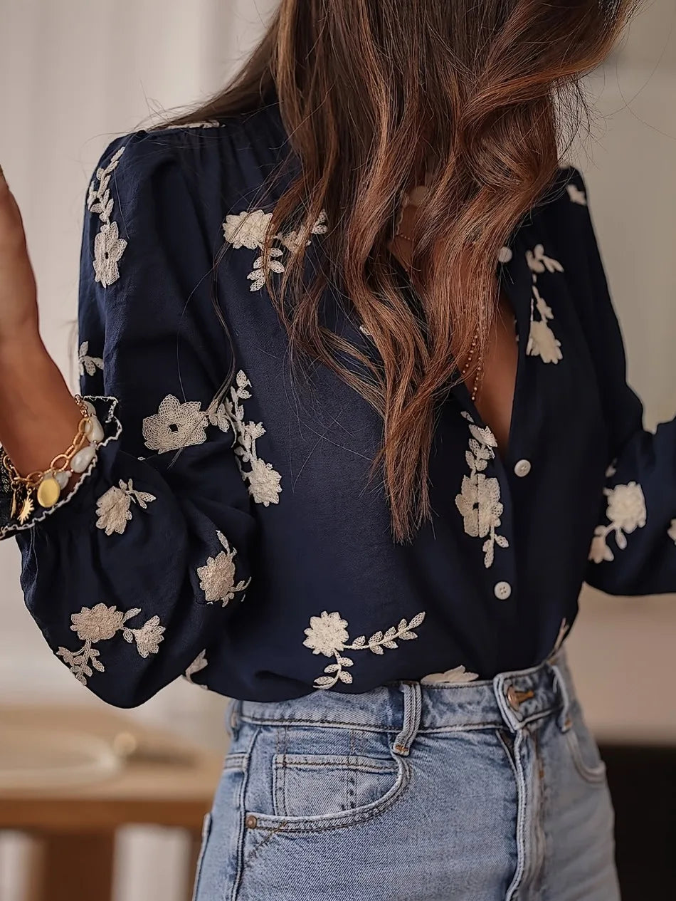 Women's Clothing 2025 Spring Autumn Fashion Casual Long-sleeved Printed Blouse with A Collar and Puff Sleeves Office Lady Shirt